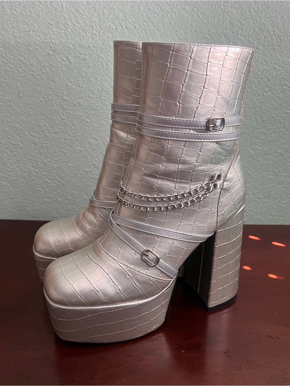 Metallic Croc-Embossed Platform Ankle Boots - Silver